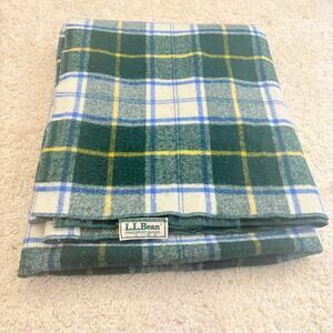 Vintage L.L. Bean Forest Green and Blue Plaid Wool Throw